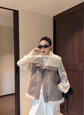 27853冬季新款韩版气质百搭宽松显瘦羊羔毛翻领麂皮绒马甲外套女
