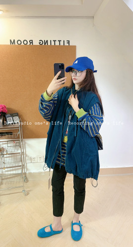 We女6828秋韩版宽松大码慵懒风休闲立领抽绳设计感灯芯绒马甲外套