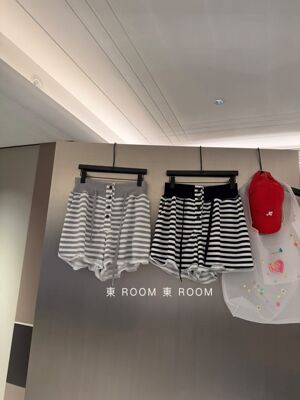 東room韩系条纹休闲短裤女秋季松紧高腰热裤