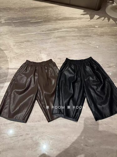 東room松紧腰百搭阔腿裤女五分休闲裤显瘦遮胯PU皮设计感宽松裤子