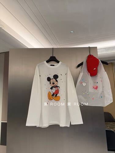 东room韩系可爱休闲风米奇印花长袖T恤棉麻宽松防晒衣慵懒风上衣