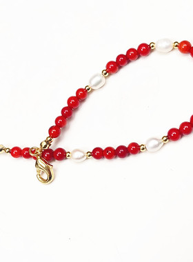 4里红瑚圆珠淡水米珠   手链