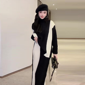 欧货气质针织套装女2023秋冬款宽松显瘦高领毛衣拼色半身裙两件套