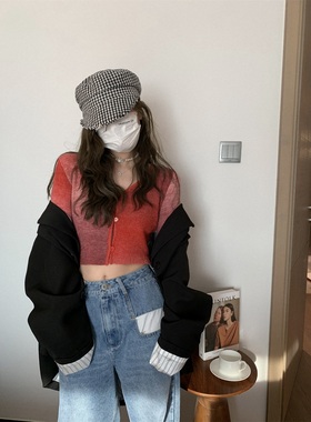 落日余晖渐变针织小开衫韩国风慵懒纯欲气息显瘦复古感红色卡其色