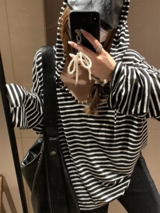 雅痞时髦连帽条纹罩衫T恤防晒衣韩国风宽松慵懒显瘦纸片人黑咖色