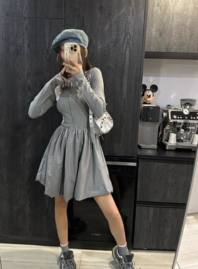 在逃公主针织拼接皮面A字芭蕾连衣裙韩国风飘逸灵动少女白色黑灰