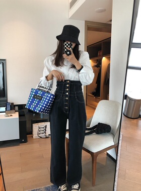翻边束腰宽松直筒高腰牛仔裤韩国东大门款时髦凹造型显瘦复古蓝黑