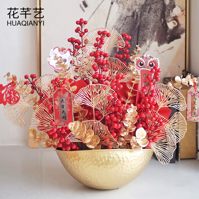 银柳仿真花年宵花卉新年福桶招财冬青腊梅干花客厅装饰摆件用材料