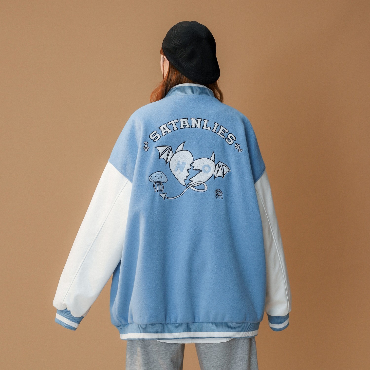 主推中性毛呢拼接PU皮棒球服毛巾绣情侣夹克H678P118男类,男装夹克,电商A341