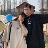 2022情侣装夏装鹿皮绒印花情侣短袖t恤宽松上衣H731P35女类，男装T恤，电商A341
