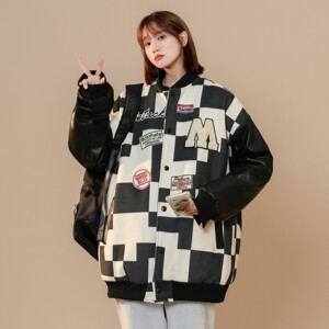 中性风春装 潮牌黑白格棒球服情侣夹克外套H684 P118 控148男图片