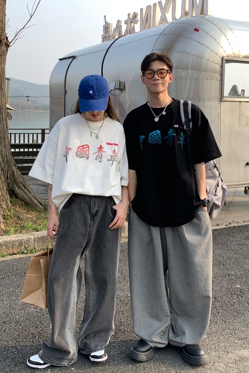 情侣装夏装印花情侣短袖T恤大码宽松上衣班服H733P30女类,男装T恤,电商A341