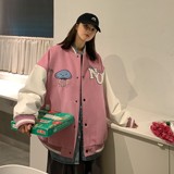 中性毛呢拼接PU皮棒球服毛巾绣情侣夹克外套H678P118女类，女装短外套，电商A341