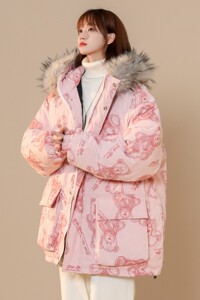 中性风冬装 手绘熊大毛领加厚情侣棉衣面包服 H698 P138女类图片