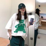 港风夏装手绘小熊印花情侣短袖T恤ins宽松半袖H720P30女类，男装T恤，电商A341