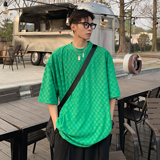 情侣装夏装棋盘格bv绿情侣短袖T恤衫宽松大码上衣H729P40男类，男装T恤，电商A341