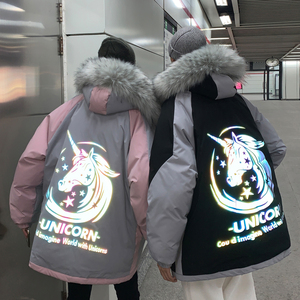 情侣装冬装 拼色反光独角兽大毛领连帽情侣棉衣 H596 P148 男类图片