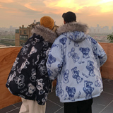 情侣装冬装手绘熊大毛领加厚情侣棉衣面包服H698P138控178男类，男装棉衣，电商A341