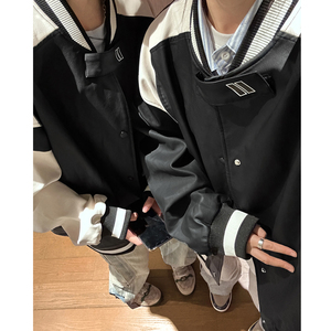 中性风秋装 美式复古撞色机车皮衣棒球服夹克外套男女H887 P108图片