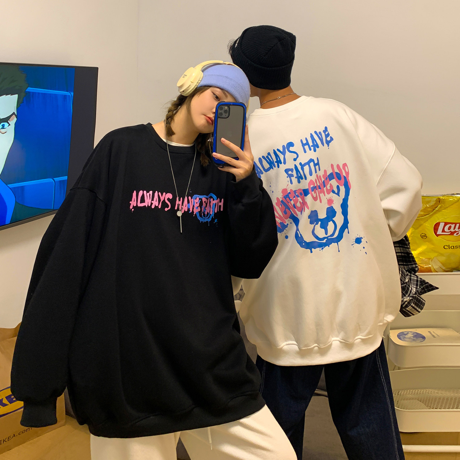 主推情侣装秋季涂鸦熊印花情侣卫衣上衣外套H664P38控49女类,女装卫衣/绒衫,电商A341