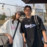 情侣装夏装棋盘格爱心印花情侣短袖T恤宽松大码H734P35女类，男装T恤，电商A341