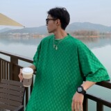 情侣装夏装棋盘格bv绿情侣短袖T恤衫宽松大码上衣H729P40女类，男装T恤，电商A341