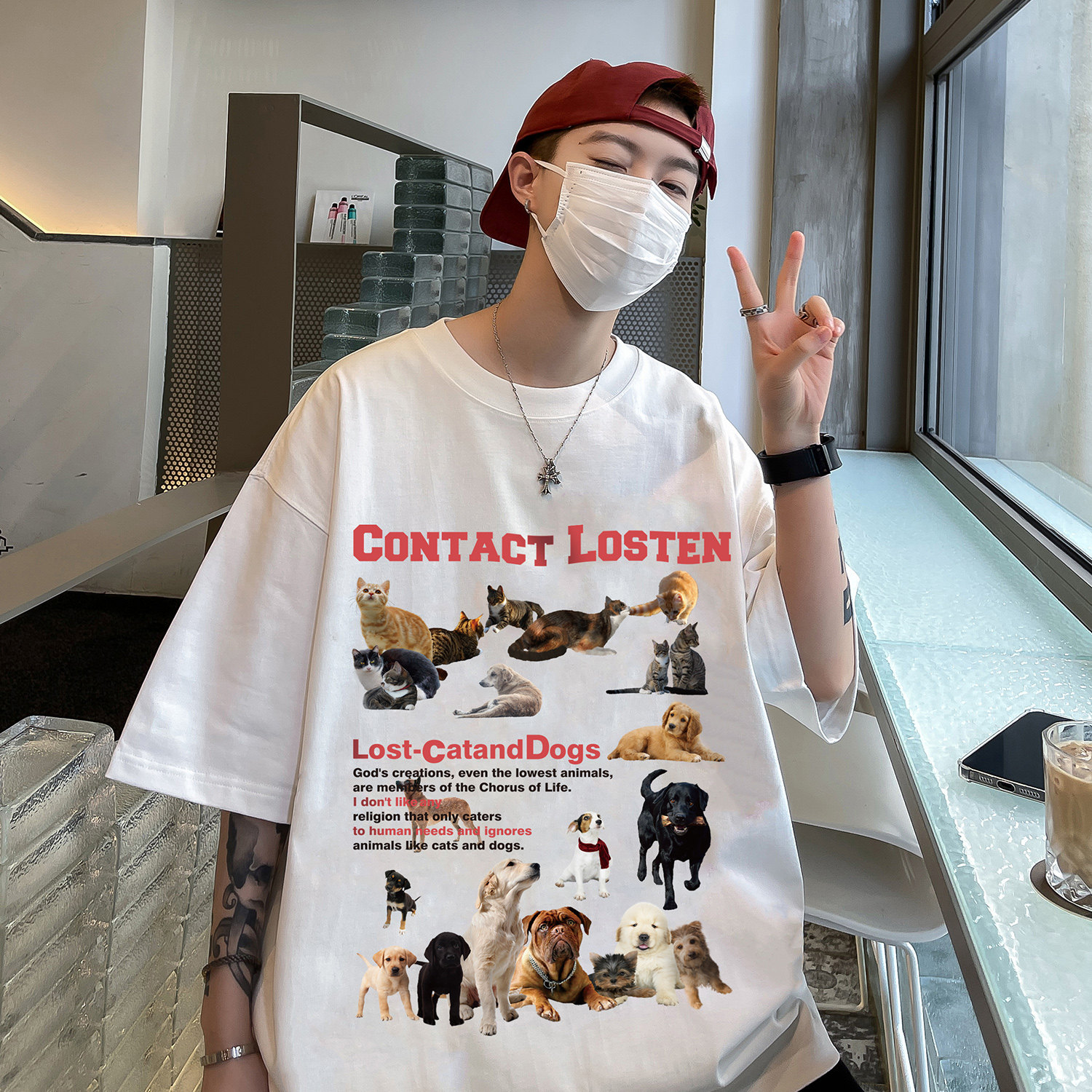 直播有280克重磅美式猫狗趣事印花短袖T恤半袖衫男H843P28,男装T恤,电商A341