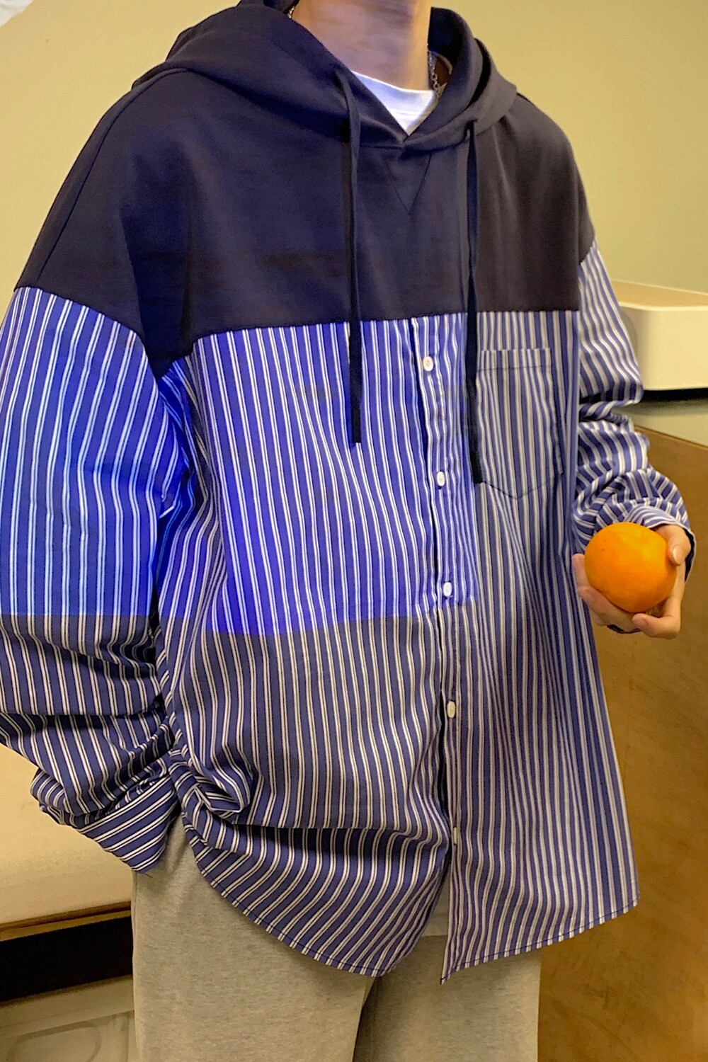 港风日系春装连帽拼接条纹衬衫情侣卫衣外套H706P68控88男类,男装卫衣,电商A341