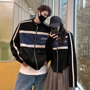 情侣装秋装 美式立领机车情侣夹克拼接鹿皮绒外套上衣男H889 P108图片