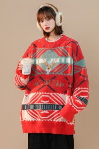 主推 中性风冬装 圣诞小鹿绣花情侣毛衣加厚外套 H696 P78 女类图片