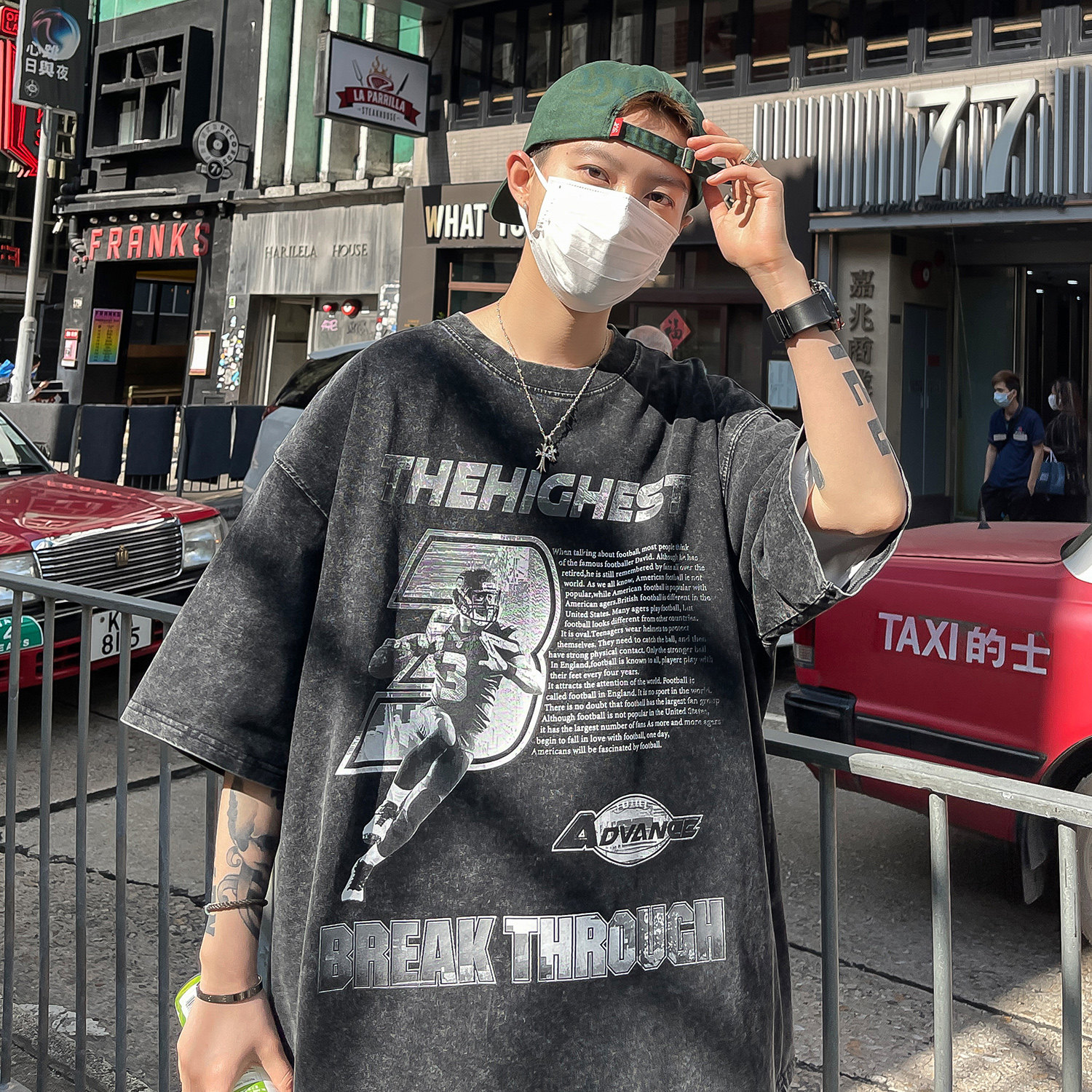 高克重280克美式高街水洗做旧印花短袖T恤潮宽松男H817P38男,男装T恤,电商A341