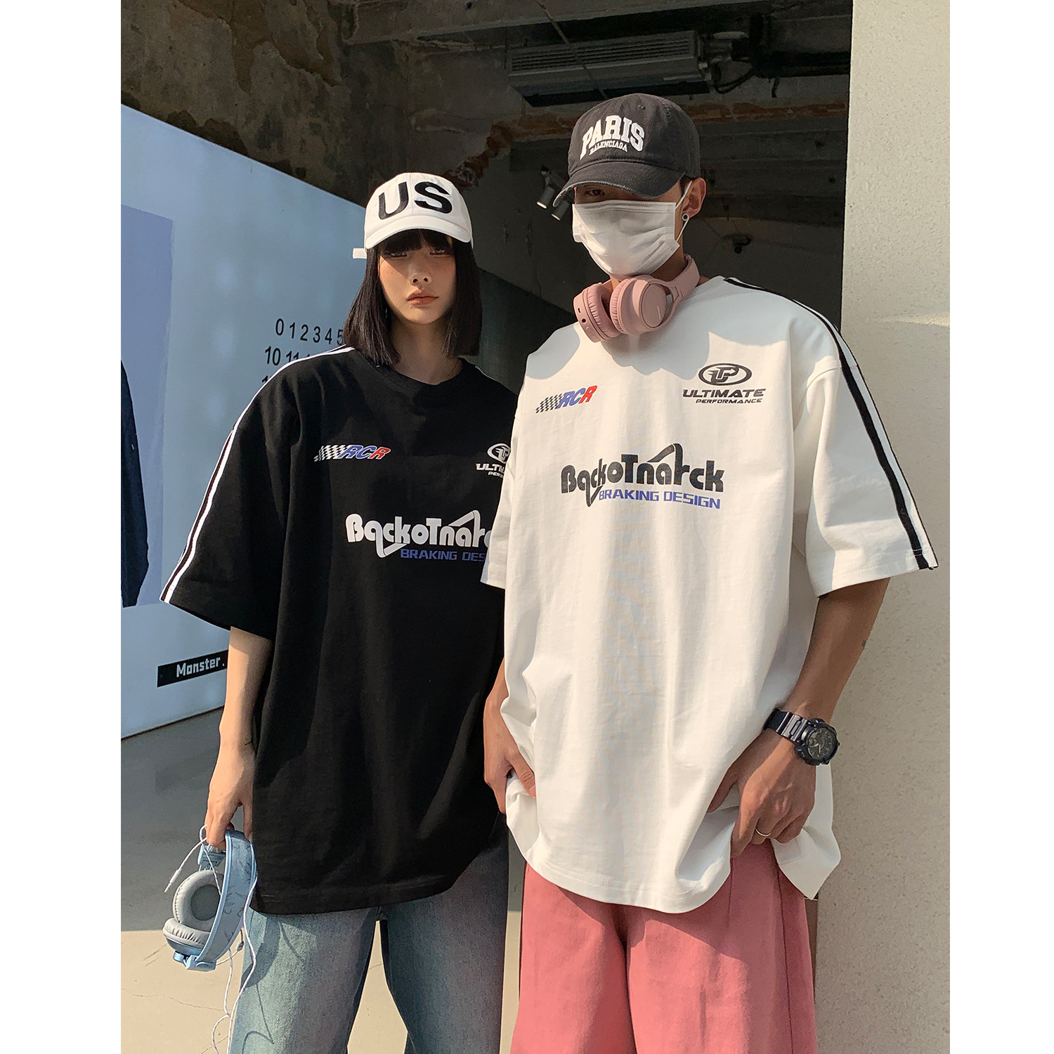 情侣装高街赛车服织带情侣印花短袖T恤衫宽松运动服男女H829P38,男装T恤,电商A341