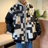 港风春装潮牌黑白格棒球服情侣夹克外套H684P118控148男，男装夹克，电商A341