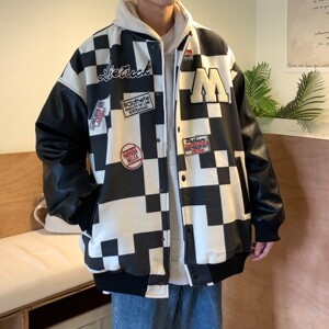 港风春装 潮牌黑白格棒球服情侣夹克外套H684 P118 控148男图片