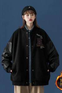 中性风冬装 PU皮拼接呢料棒球服 情侣棉衣加厚外套 H572-1 P125女图片