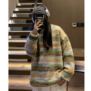 中性风 美式复古慵懒风圆领套头情侣毛衣撞色针织衫男女 H907 P78图片