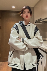 主推中性 小香风棒球服撞色拼接PU皮外套复古夹克男女H873 P108图片