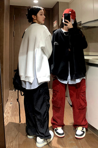 中性风秋装 假两件秋装条纹衬衫拼接情侣卫衣宽松外套男女H867P68图片