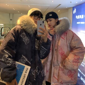 冬装 ins涂鸦熊大毛领加厚情侣衣外套 H577 P138控168女类图片