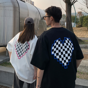 情侣装夏装  棋盘格爱心印花情侣短袖T恤宽松大码 H734 P35 男类图片