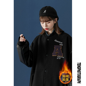 中性风冬装 PU皮拼接呢料棒球服 情侣棉衣加厚外套 H572-1 P125女图片