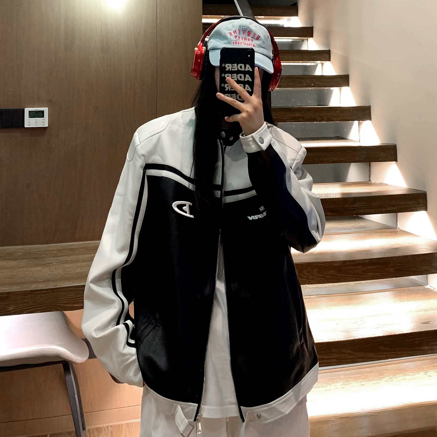 美式复古拼接pu机车服情侣加厚皮衣夹克棉衣外套男女H897 P118图片