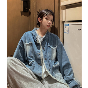中性风秋装 毛边设计垫肩牛仔情侣夹克上衣渐变外套男 H859 P88图片