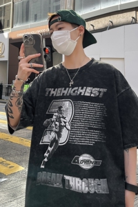 高克重280克 美式高街水洗做旧印花短袖T恤潮宽松男 H817 P38男图片