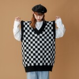 中性风秋冬v领棋盘格无袖背心宽松情侣毛衣H680P65女类，女装针织衫/毛衣，电商A341