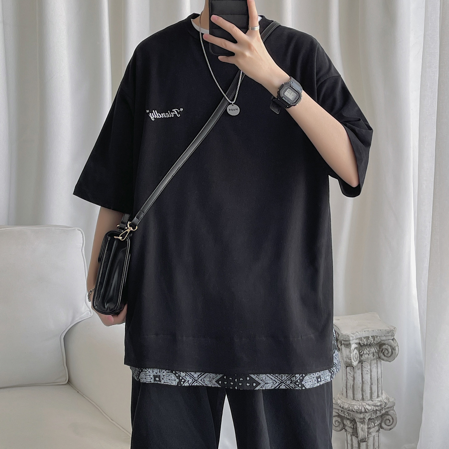 短句 夏季新品 腰果花拼接短袖T恤男港风半袖 H610 P35图片