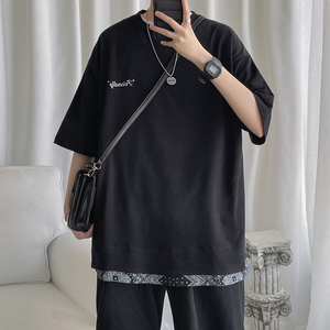 短句 夏季新品 腰果花拼接短袖T恤男港风半袖 H610 P35图片