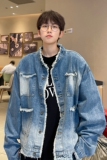 2023秋装新品毛边设计垫肩牛仔夹克休闲上衣渐变外套男H859P88，男装夹克，电商A341