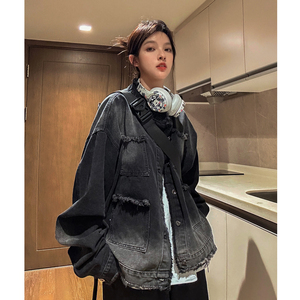 中性风秋装 毛边设计垫肩牛仔情侣夹克上衣渐变外套男女 H859 P88图片