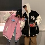 主推情侣装毛呢拼接PU皮棒球服毛巾绣情侣夹克棉衣H678P118女类，女装短外套，电商A341